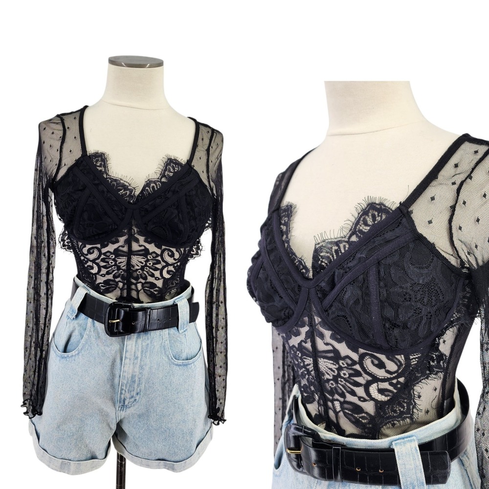 Shein Black Lace Top Medium Sheer Vixen Gothic Vamp Dark Romance Corset Fairy